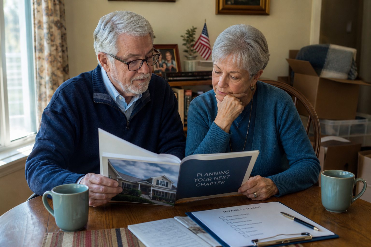 Senior American couple calmly planning a possible home transition